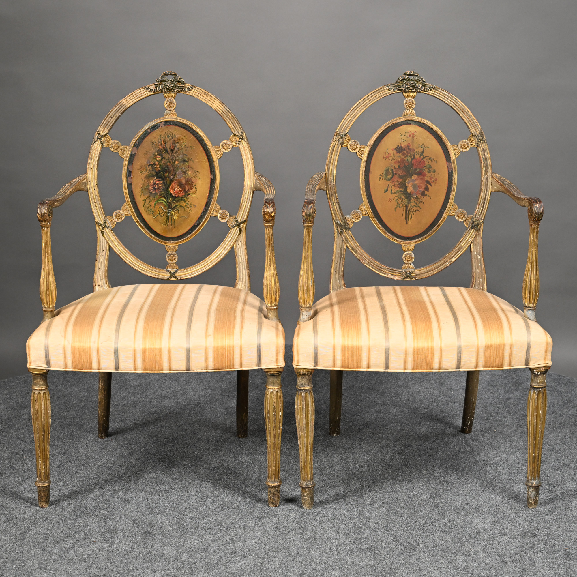 Pair of George III Painted and Parcel-Gilt Armchairs, Attributed to George Brookshaw (1751-1823), Circa 1780