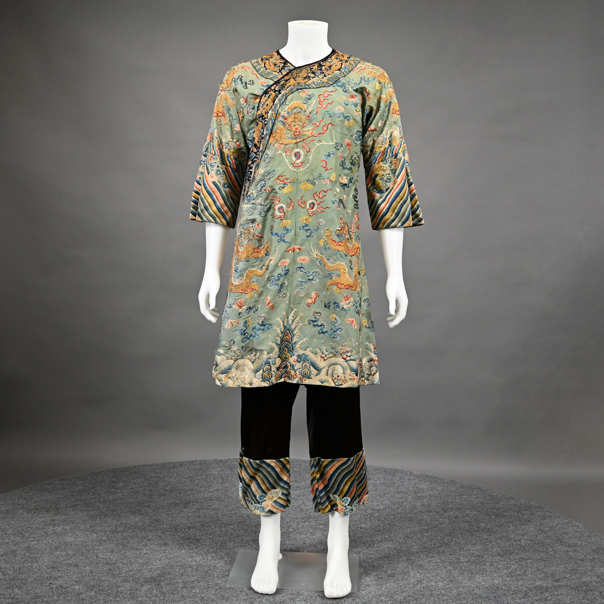 Chinese Silk Embroidered Kesi Jifu (Dragon or Court Robe) and Pair of Court Pants (Ku), Qing Dynasty