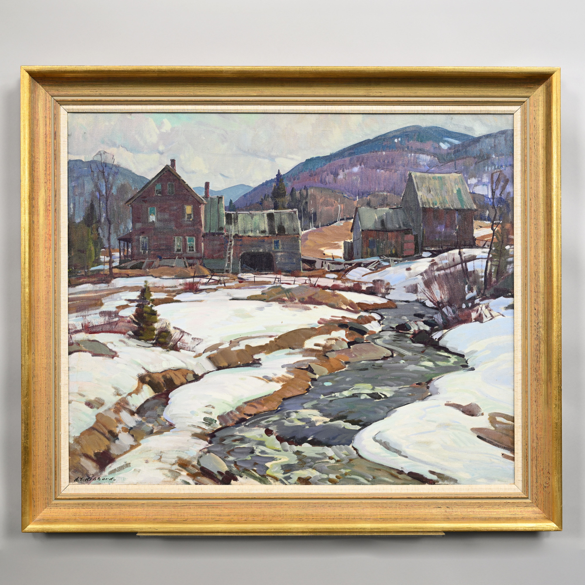 Aldro Thompson Hibbard (American, 1886-1972). Vermont Farm Buildings and Brook in Winter